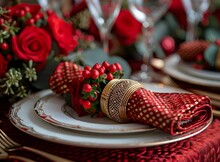 a plate with a napkin and roses on it