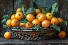 a basket of oranges with leaves