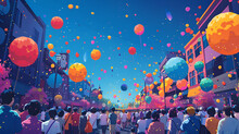 a group of people in a street with balloons