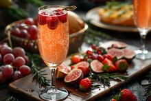 a glass of pink drink with berries on a cutting board