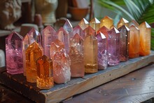 a group of crystal point on a wood surface