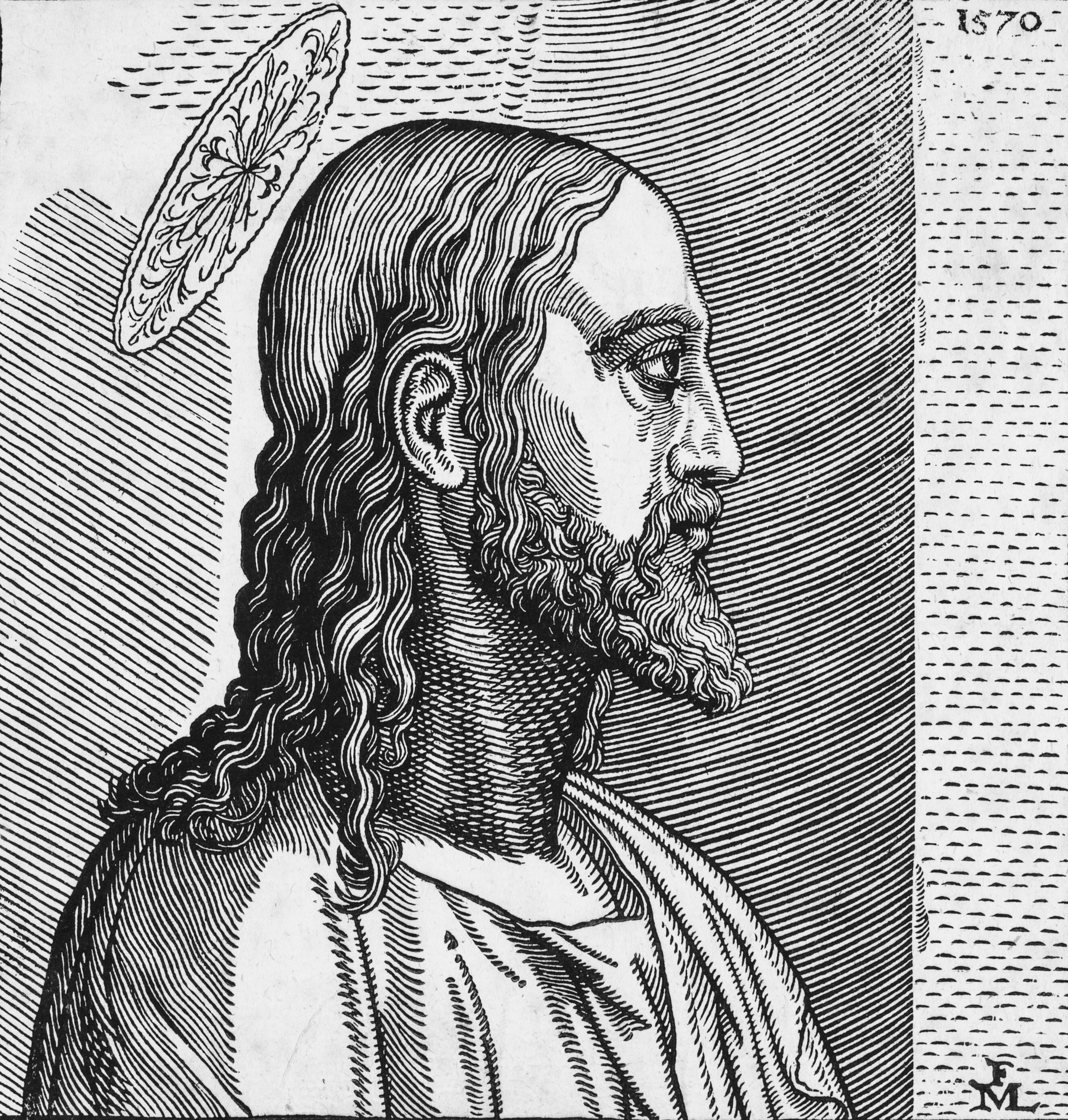 a black and white drawing of a bearded man