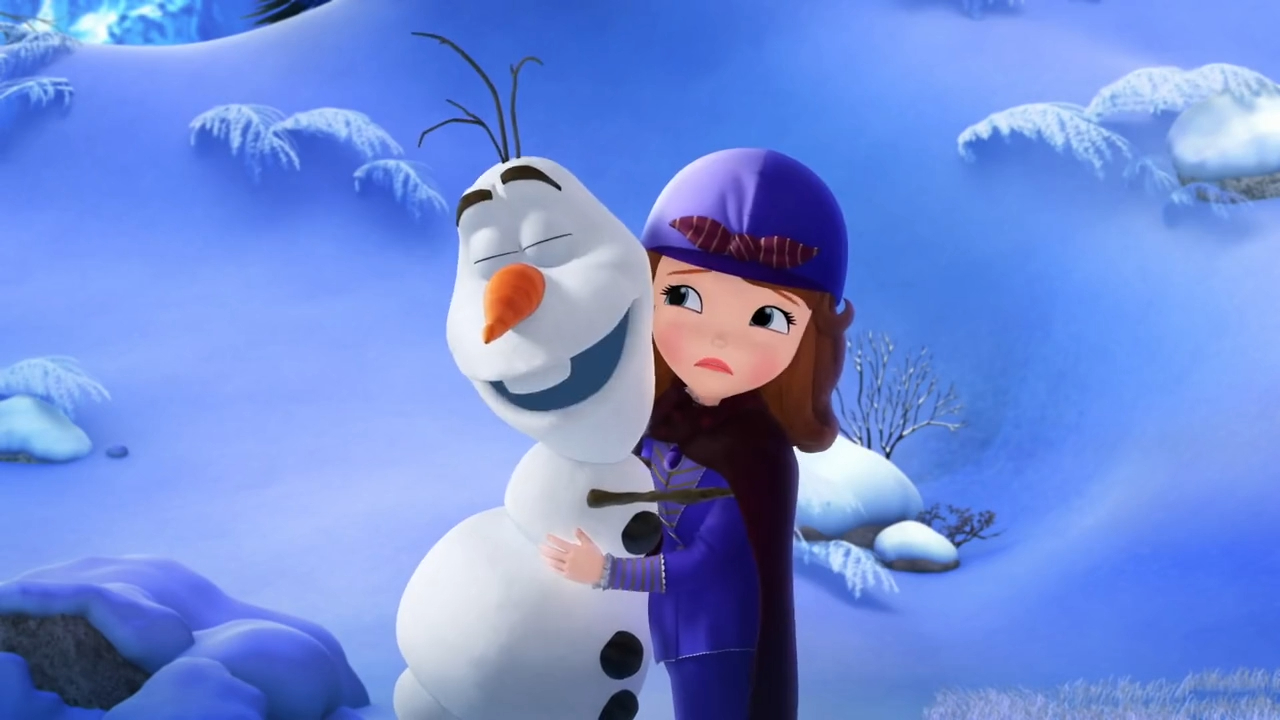 a cartoon character hugging a snowman