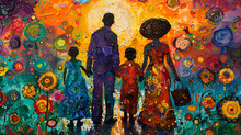 a painting of a family walking