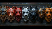 a group of masks of cats