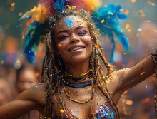 a woman with colorful feathers and a large crown