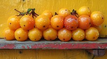 a group of yellow tomatoes on a red surface