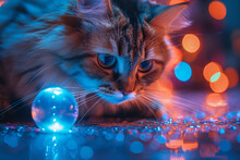 a cat looking at a glowing ball