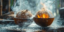 two bowls with food on fire