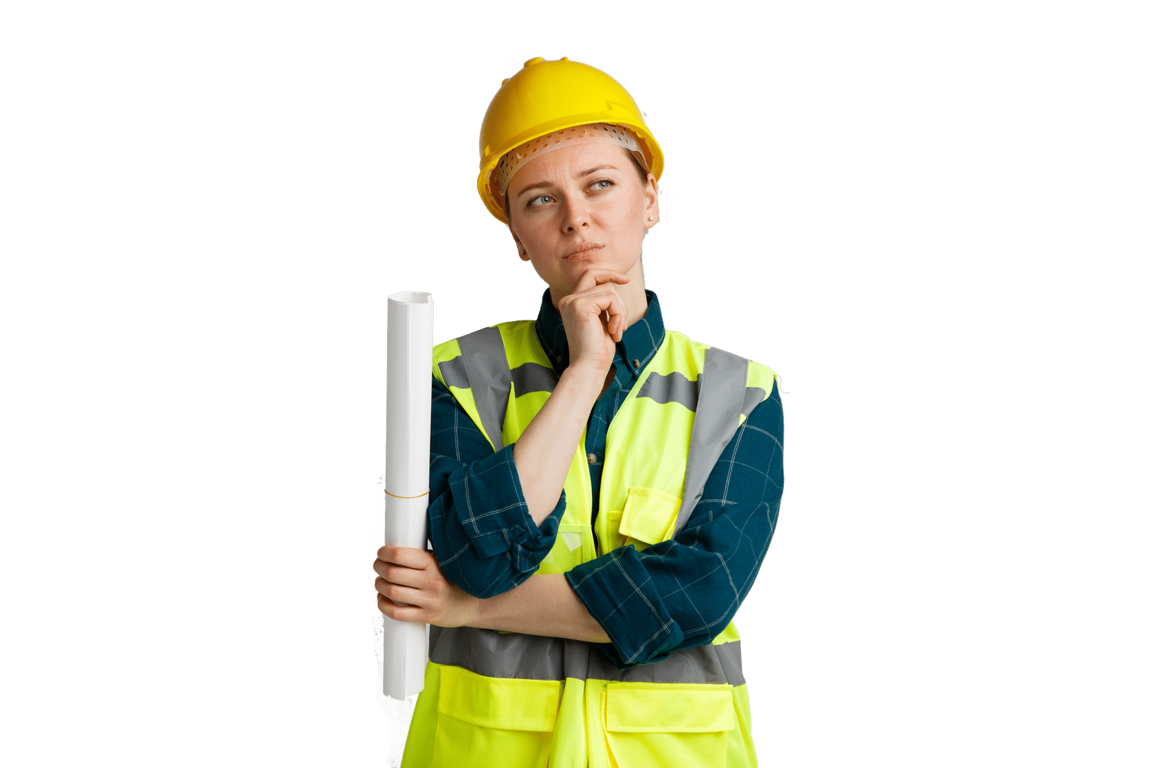 a woman wearing a hard hat and yellow vest holding a rolled up paper