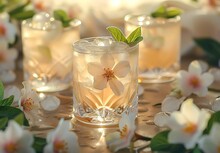 a group of glasses with liquid and flowers