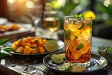 a glass of ice tea with lime slices and a plate of fruit