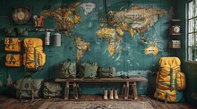 a bench with bags on it in front of a map