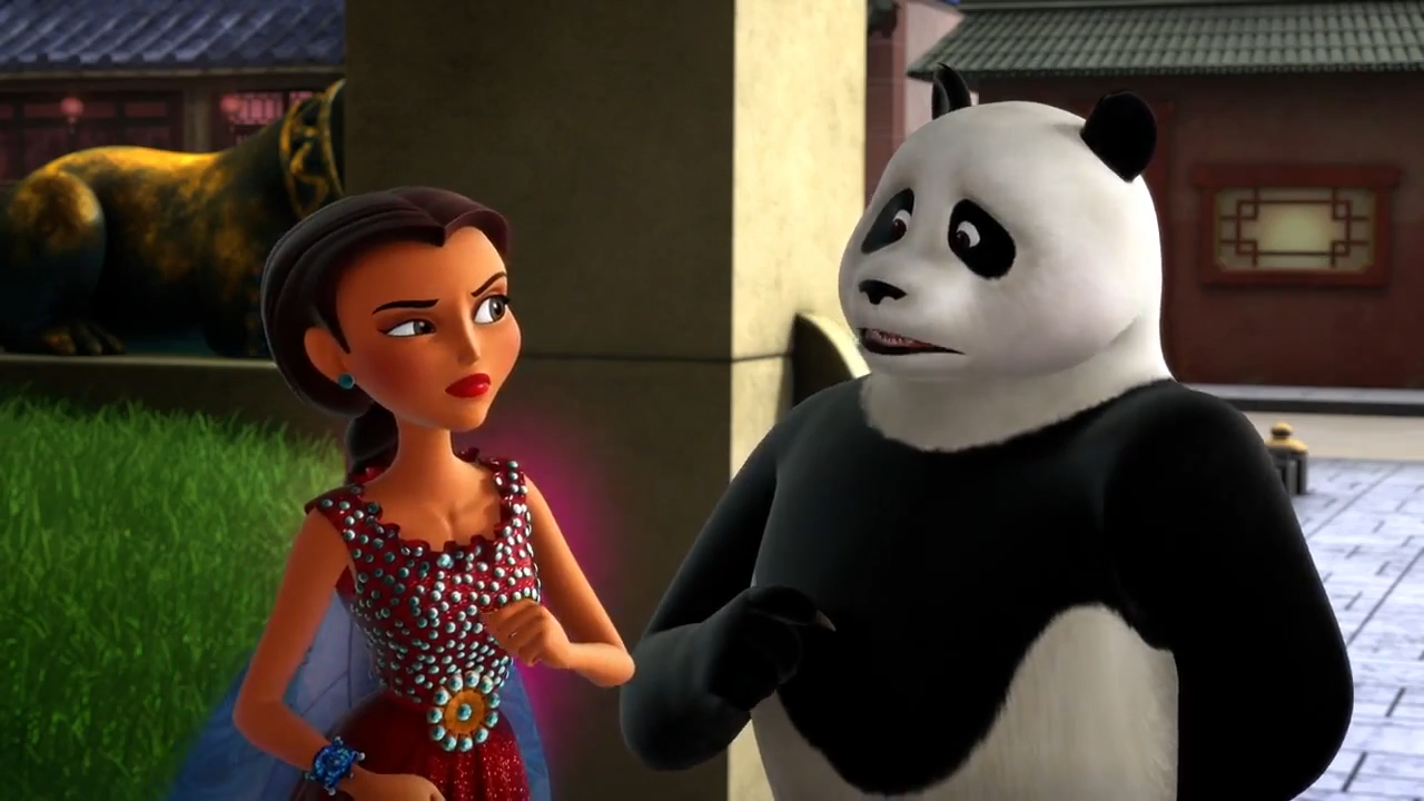 a cartoon character next to a panda