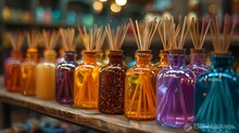 a row of colorful bottles with sticks