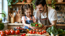 a man and a girl in a kitchen