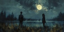 a man and woman standing in grass looking at the moon