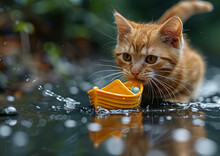 a cat playing with a toy boat