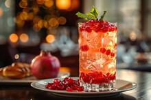 a glass of drink with a garnet on a plate