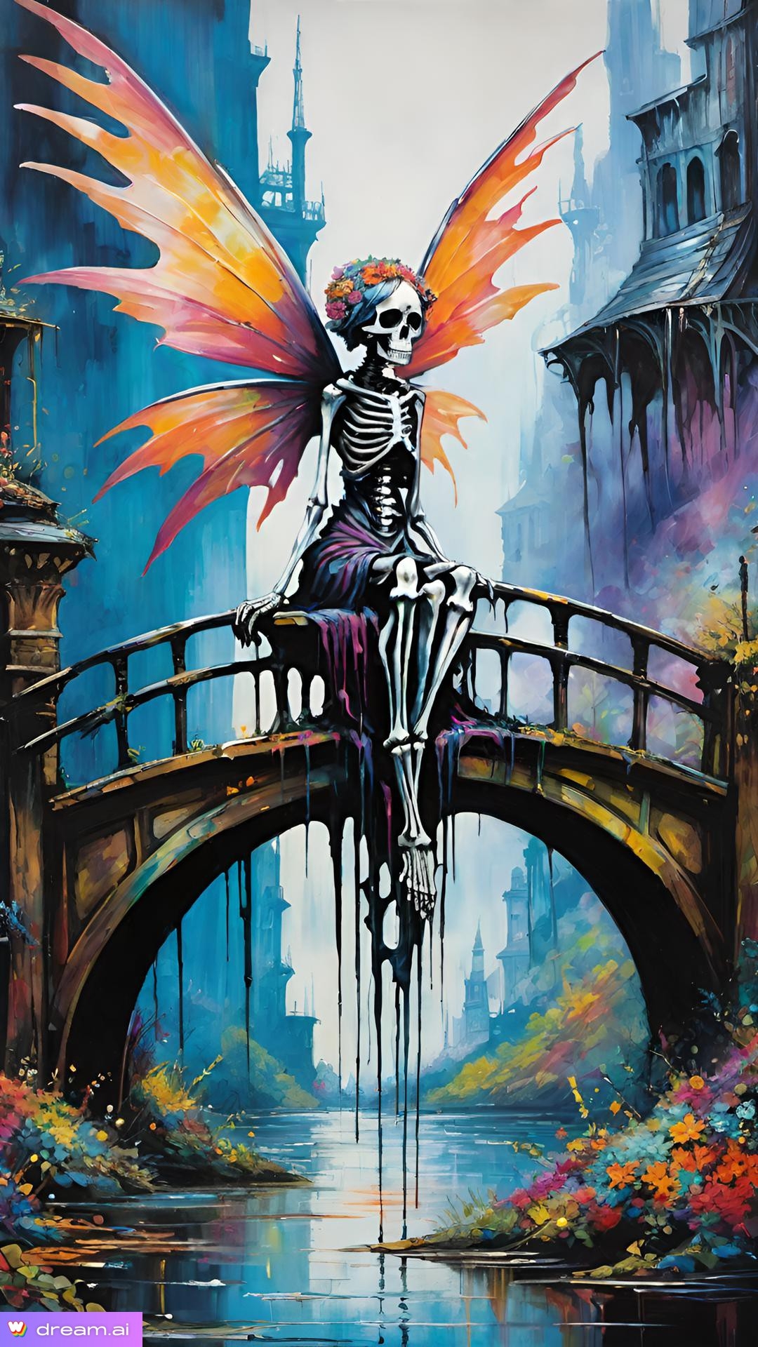 a skeleton sitting on a bridge