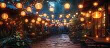 a walkway with lanterns and trees