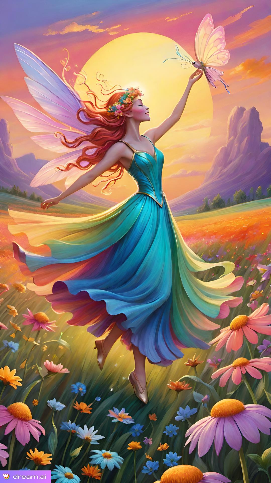 a woman in a dress with wings and wings flying in a field of flowers