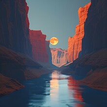 a river between canyons with a full moon