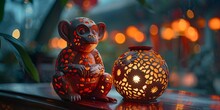 a lit up monkey statue next to a round candle holder