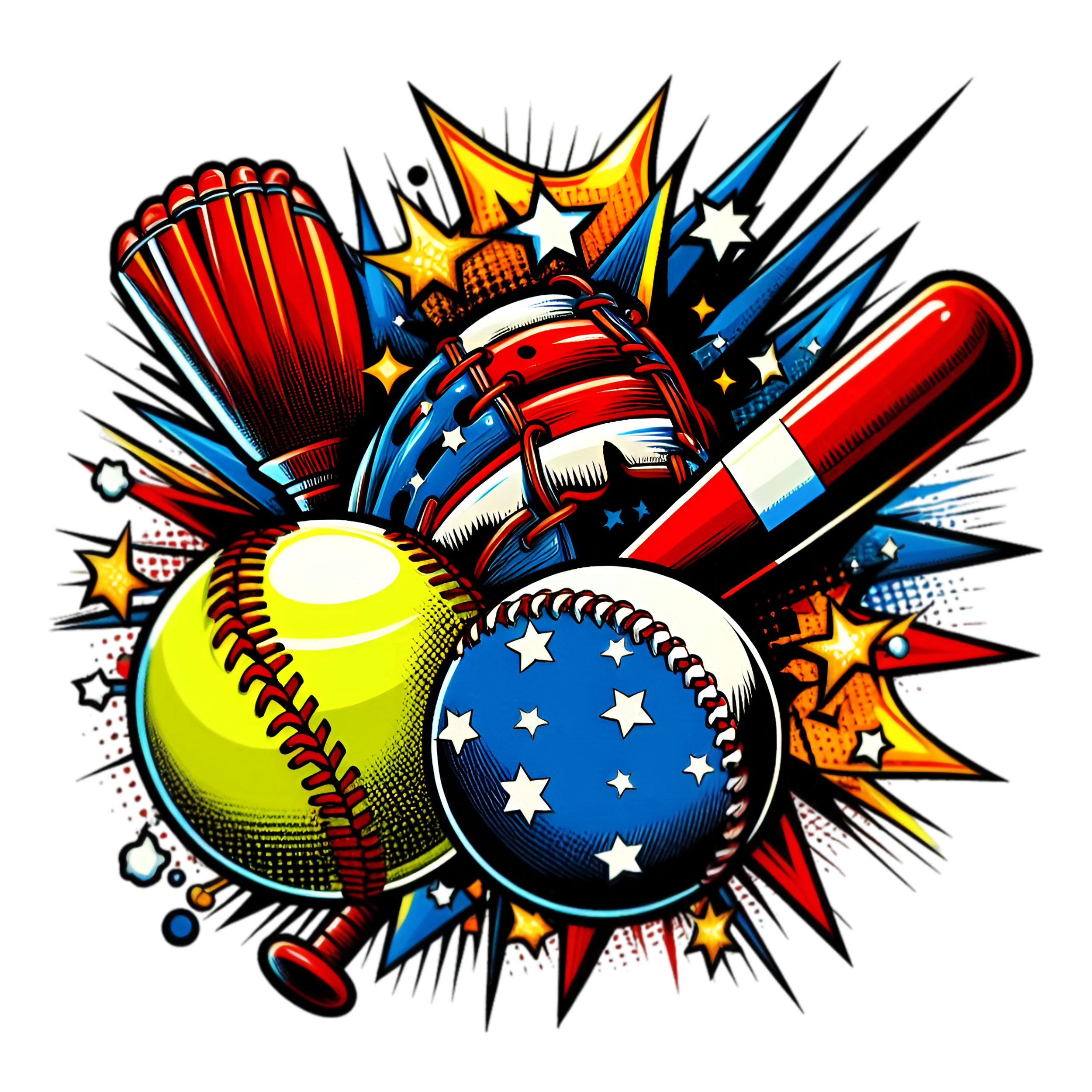 a baseball and bat with stars and balls