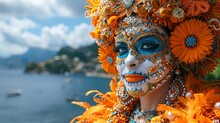 a woman with face paint and orange feathers