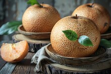 a group of fruit on a wooden surface