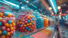 a group of glass jars of candy