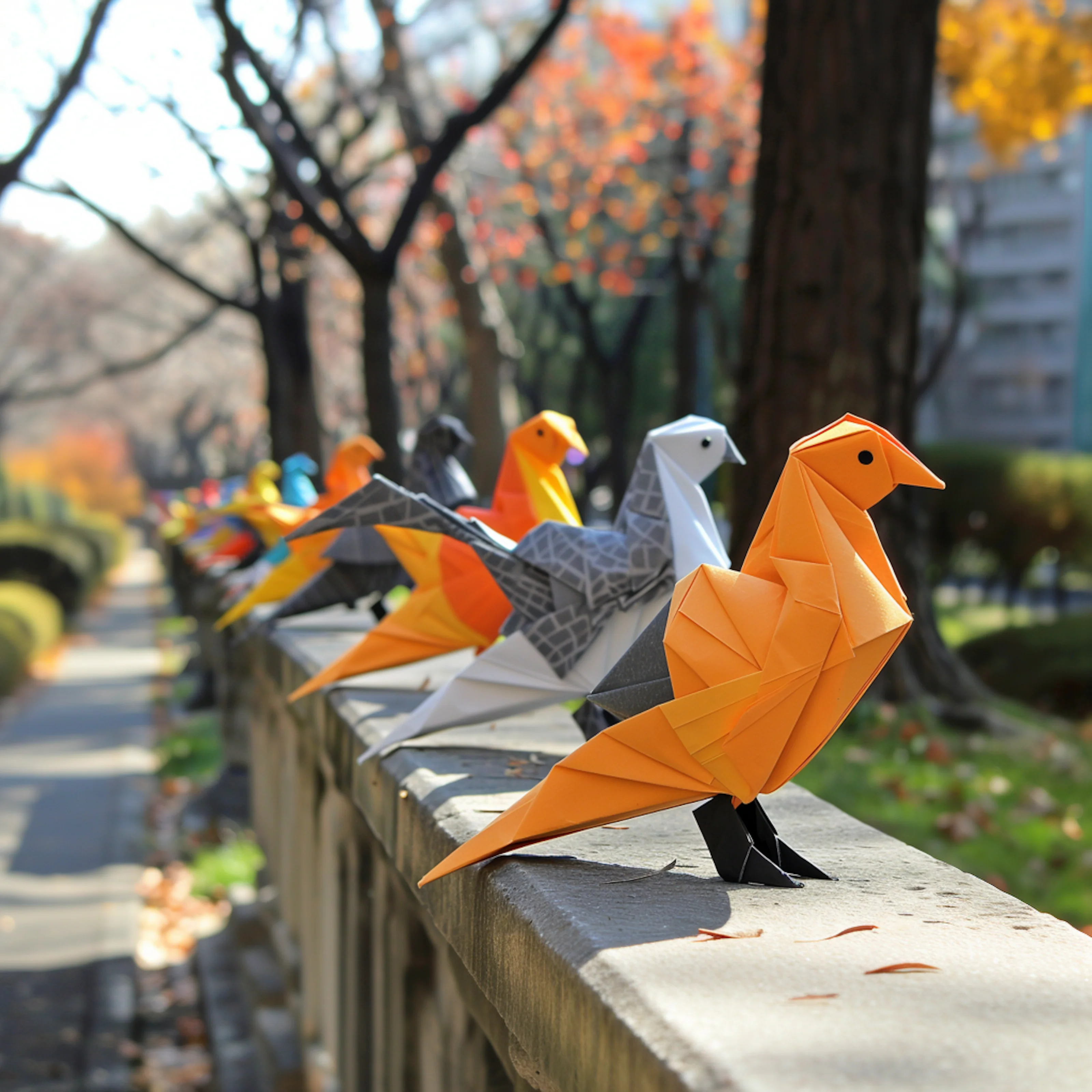 a row of origami birds on a ledge