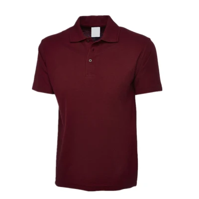 a red polo shirt with a white label