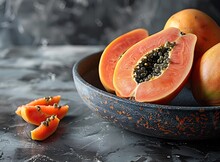 a bowl of fruit with a cut papaya