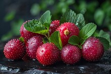 a group of red berries with leaves