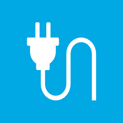 a white plug with a blue background