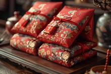 a stack of red fabric bags