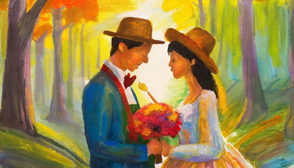 a painting of a man and woman holding flowers