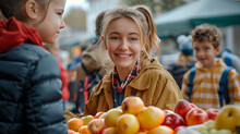 a woman smiling at a pile of fruit