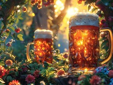 two glasses of beer in a garden