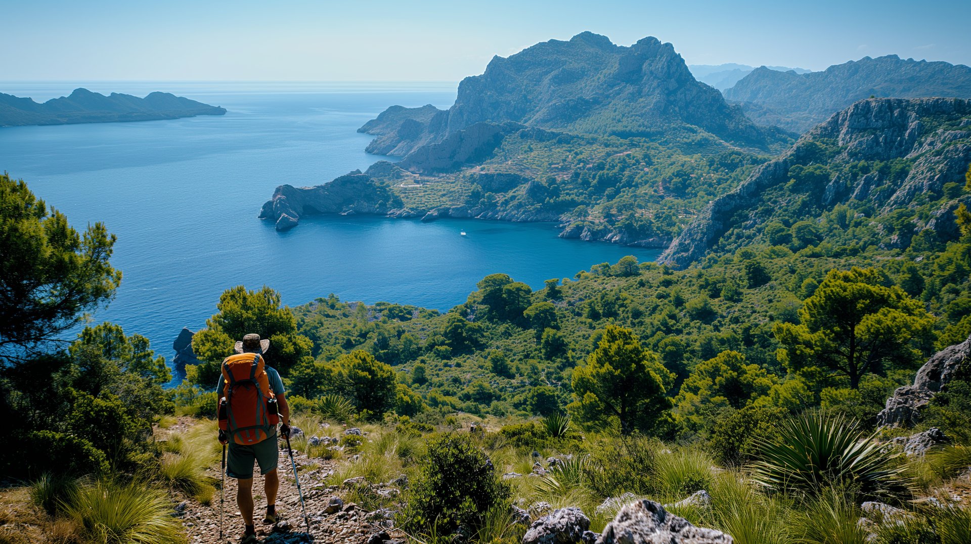 a man hiking on a rocky trail with a body of water in the background