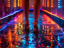 a person's legs in high heels on wet floor