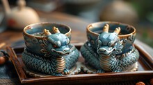 a pair of blue dragon shaped cups