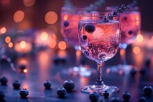 a group of glasses with liquid and berries