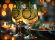 a couple of glasses with cucumber slices on top