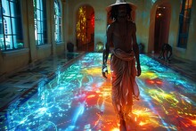 a man walking in a room with colorful lights