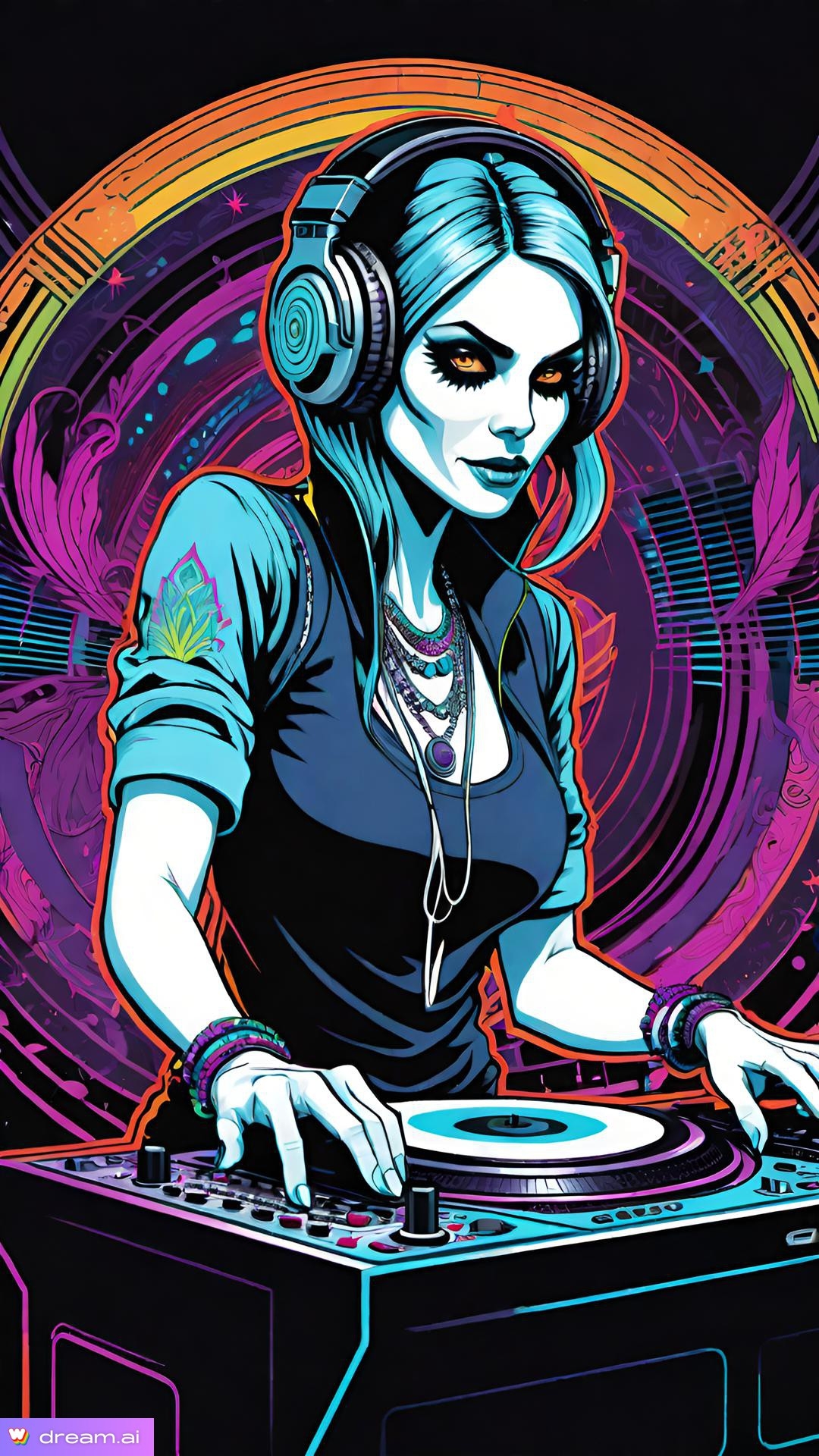 a woman wearing headphones and a dj's turntable