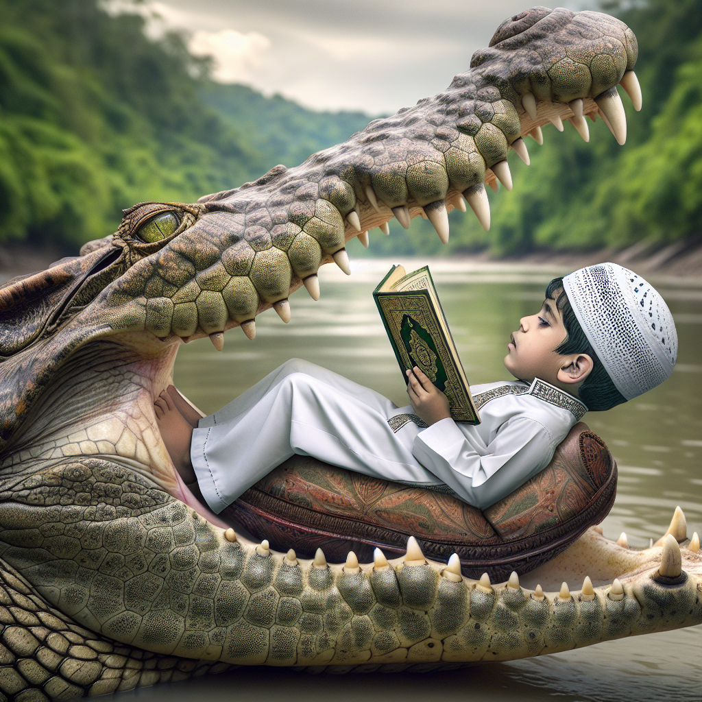 a boy reading a book in a crocodile