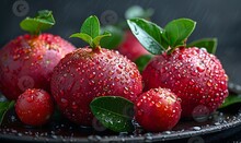 a group of red fruits with green leaves